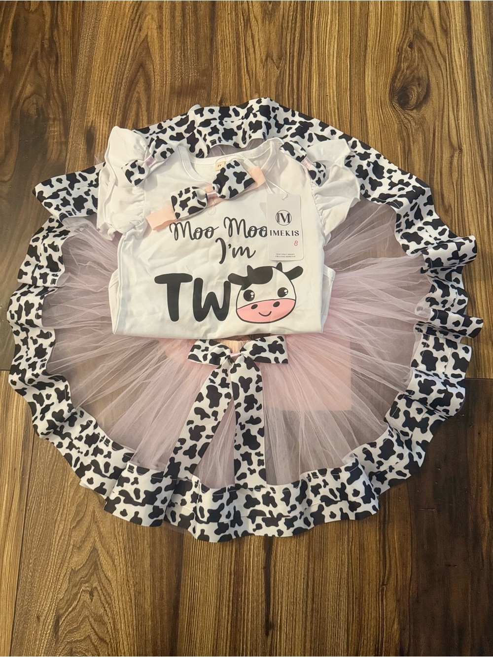 Pink Tulle Cow Print Two-Piece Outfit with Headband